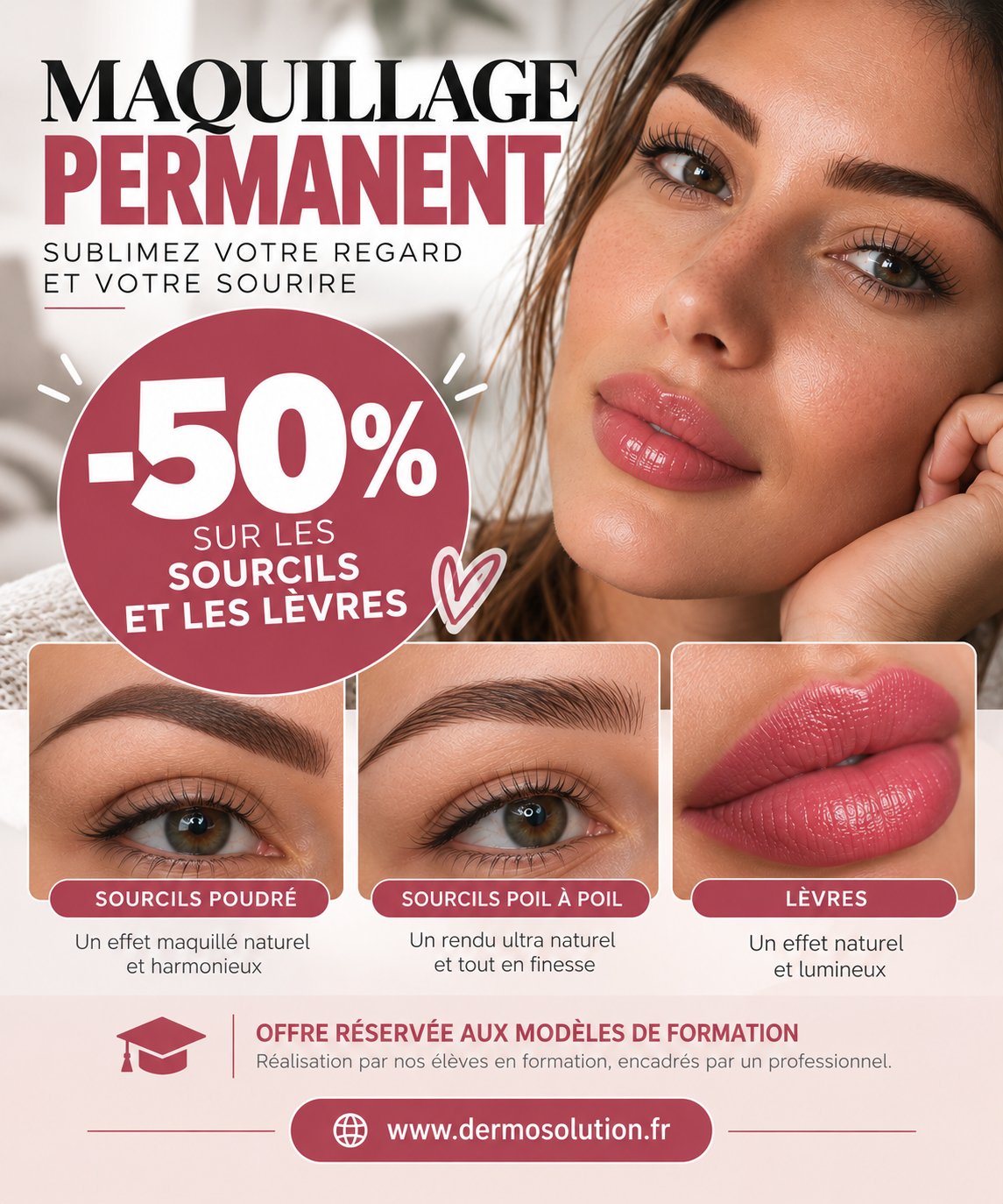 Maquillage permanent : offre de moins 50 % sur les sourcils et les lèvres, réservée aux modèles de formation. Réalisation par nos élèves en formation, encadrés par un professionnel.